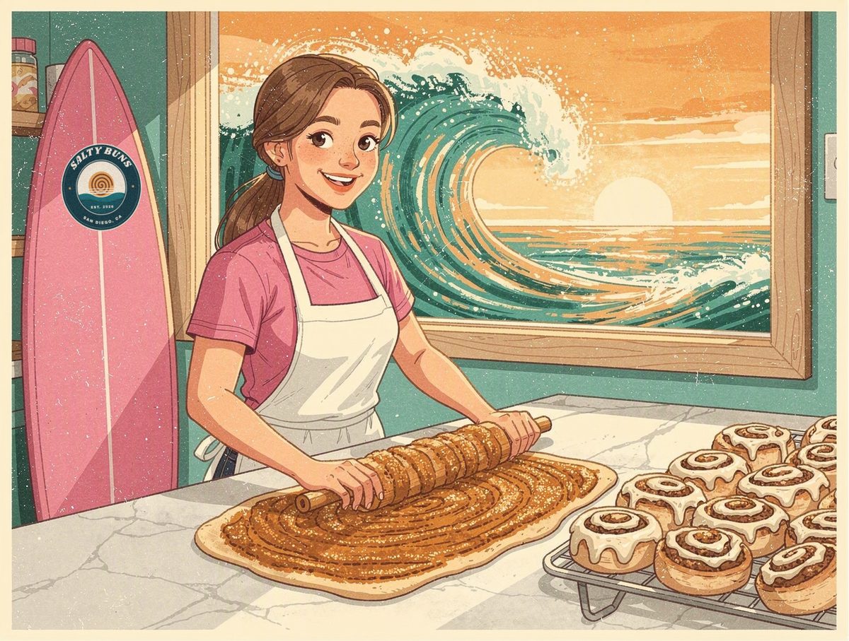 Illustration of Kylie rolling cinnamon dough on a marble counter, a pink Salty Buns surfboard beside her and a barrel wave in the window