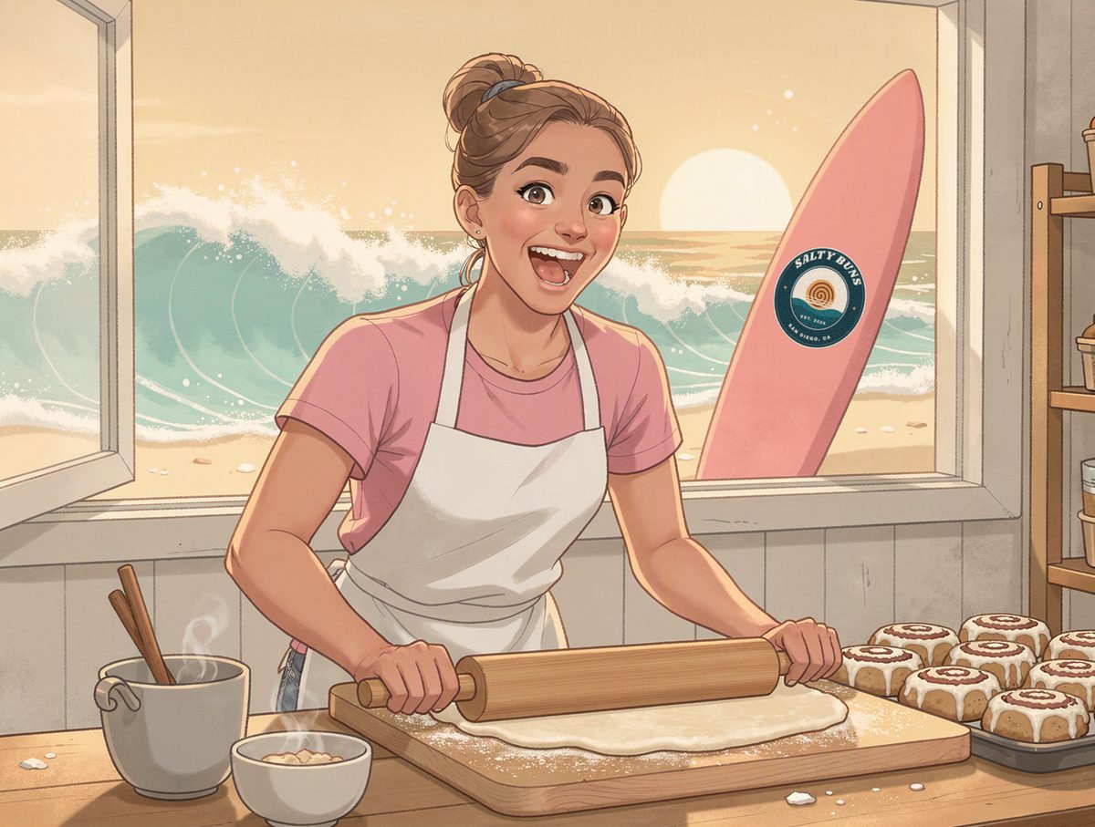 Illustration of Kylie laughing as she rolls out dough in a beach shack, trays of frosted cinnamon rolls beside her and a Salty Buns surfboard outside the window